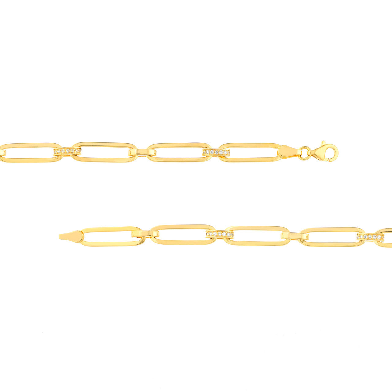 close up of the diamond links, paper clip chain, and bracelet clasp