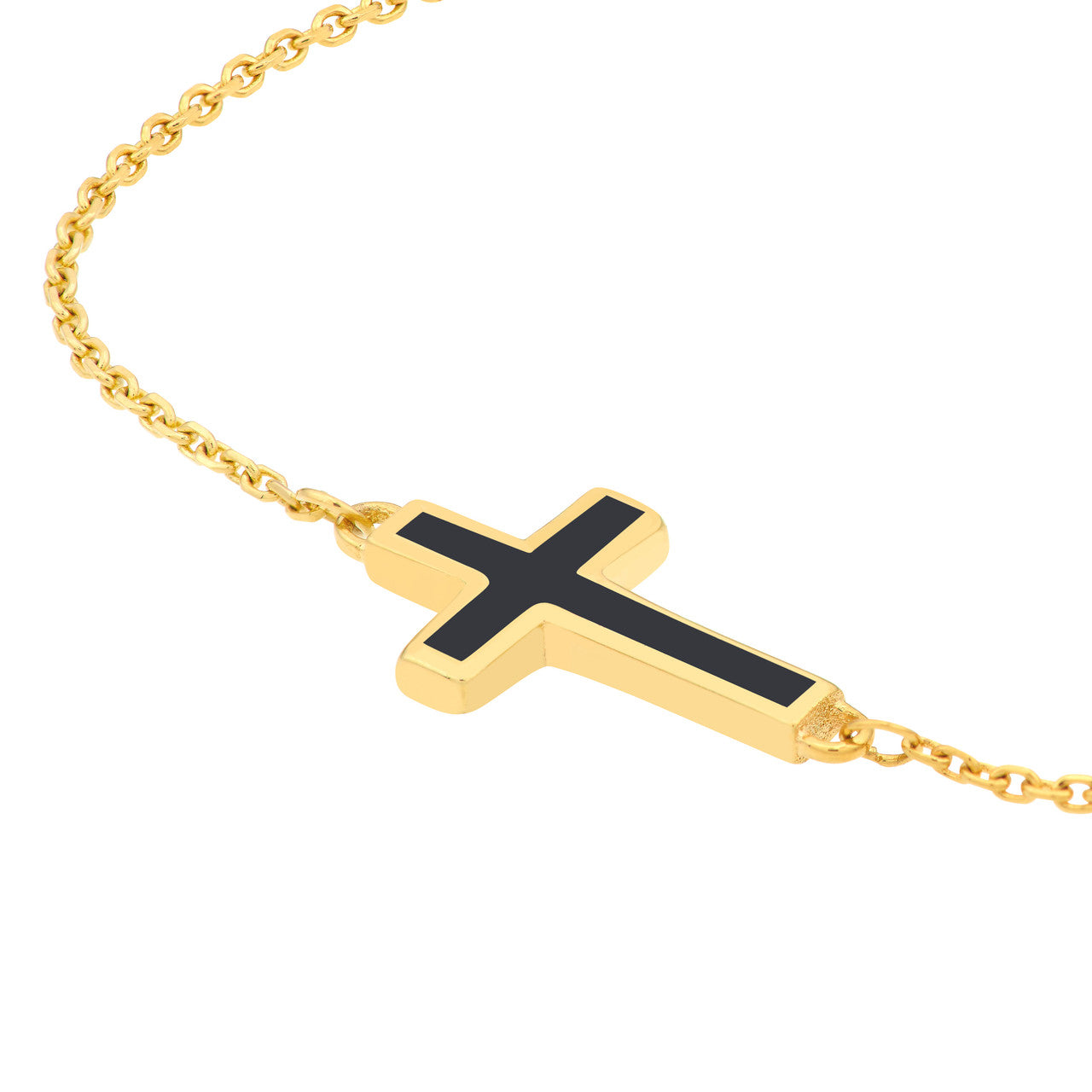 close up of the black enamel sideways cross charm bracelet