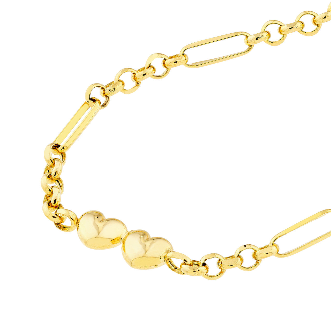 close up of the two puff hearts and paper clip bracelet