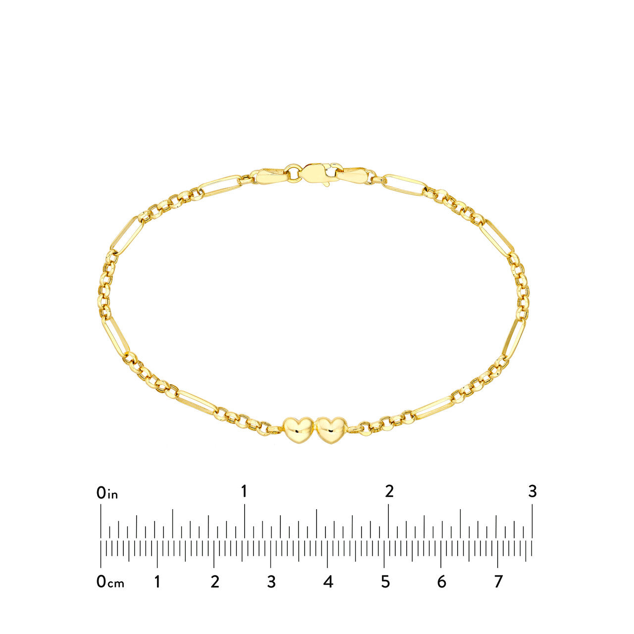 Double Puff Heart Station Paper Clip Bracelet next to a 3 inch ruler for sizing comparison