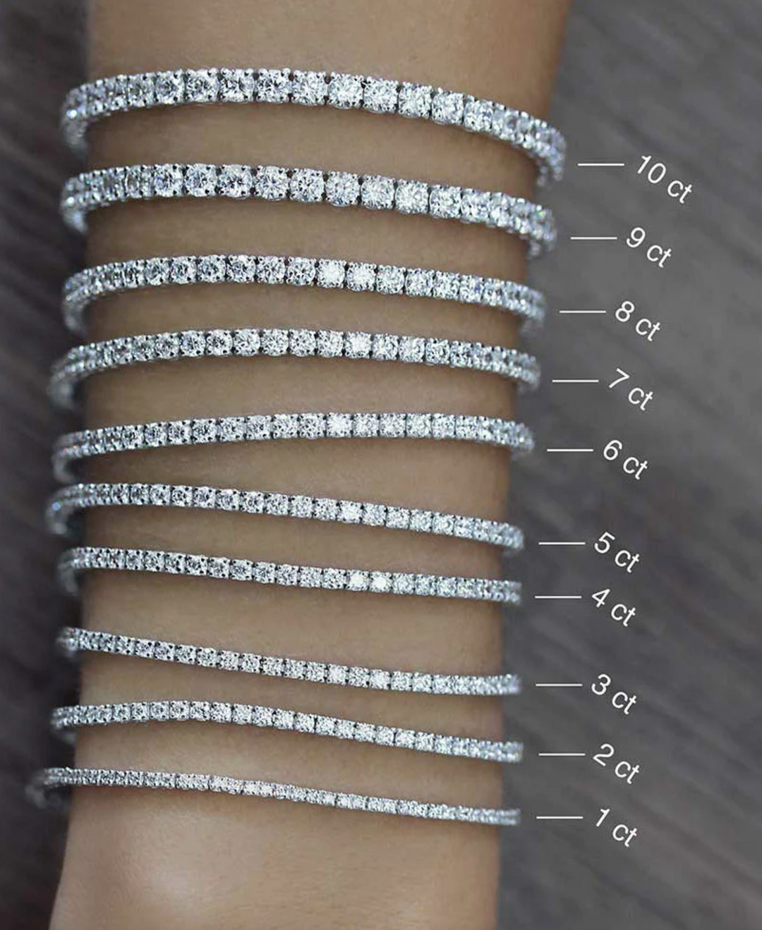 sizing comparison of the 1 to 10 ct diamonds on the tennis bracelet