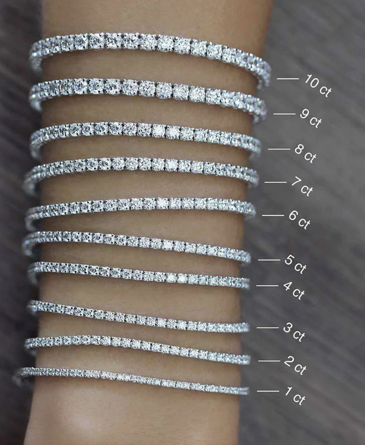 woman wearing Round Cut Diamond Tennis Bracelet with 1 to 10 carat diamonds for comparison