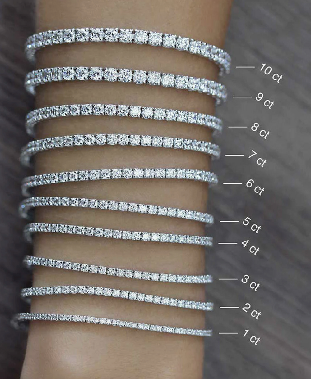 Medium Four Prong Diamond Tennis Bracelet showing the various sizes with 1-10 ct diamonds