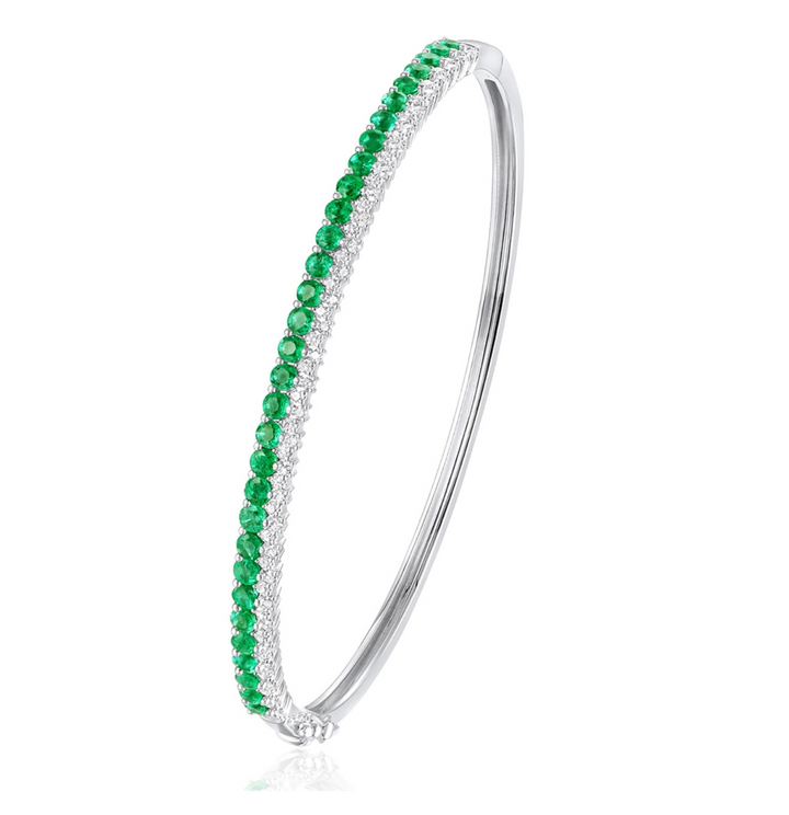 Two Tone Stone & Diamond Bangle with green gem stones and white gold