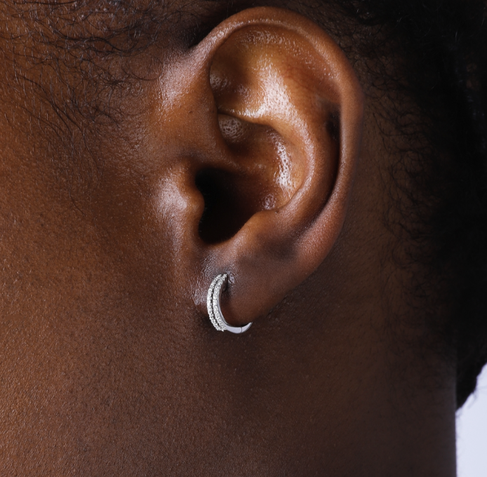 Modeled: our 14k Gold Double Row Diamond Huggy Earrings.