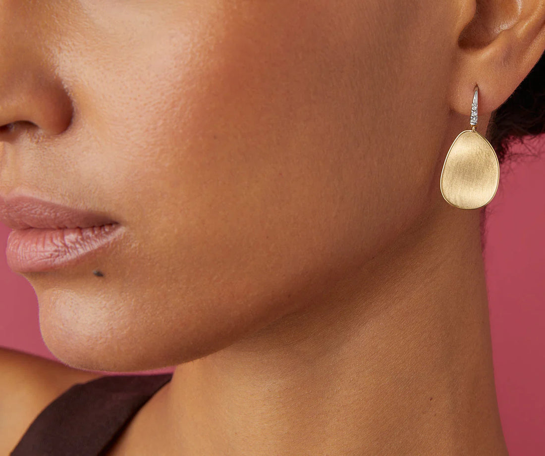 Gold Petal Drop Earrings With Diamonds, Medium