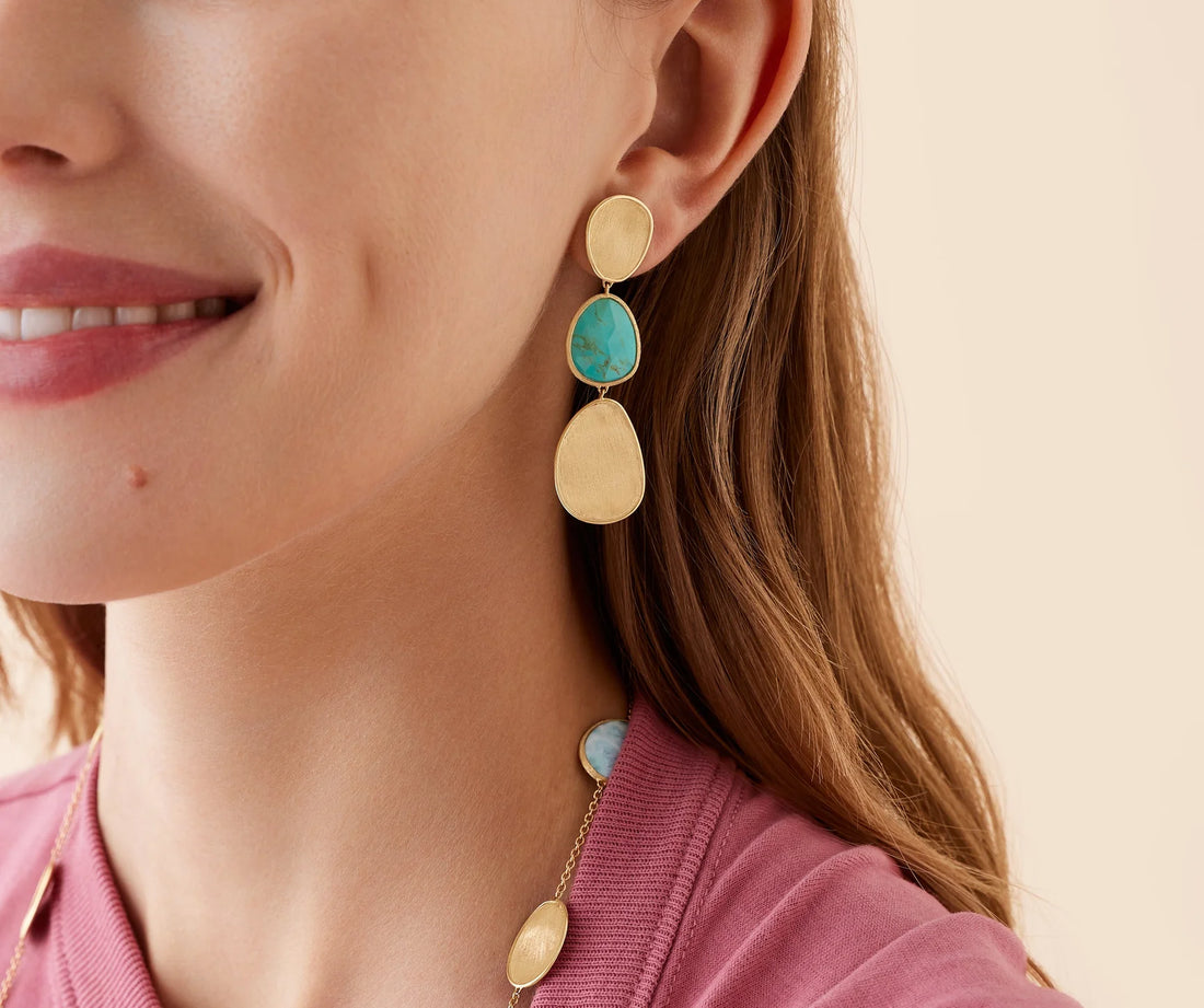 Yellow Gold Three-Drop Turquoise Earrings