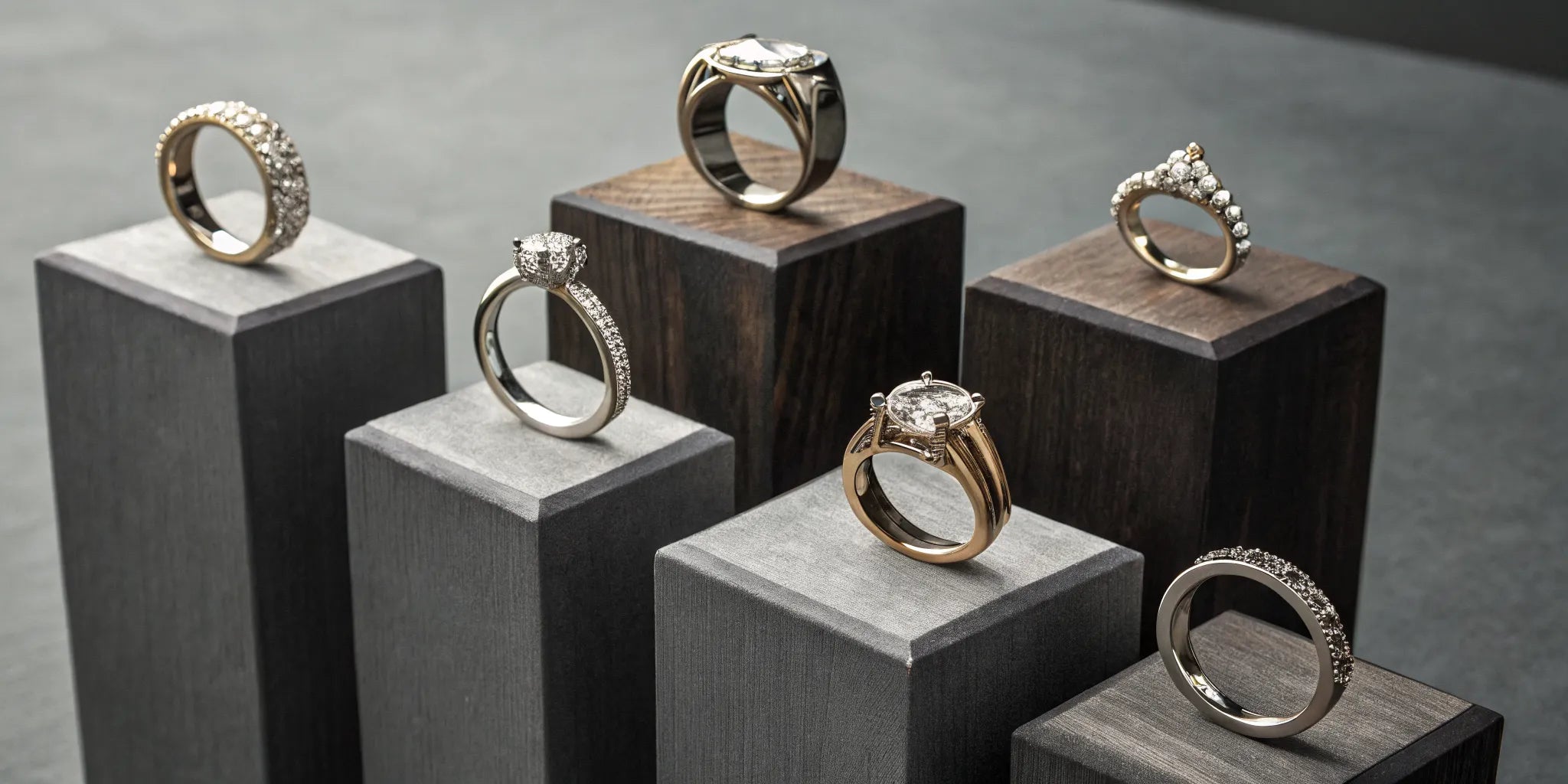 A collection of unique mens engagement rings with mixed-metal bands and ...