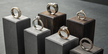 A collection of unique mens engagement rings with mixed-metal bands and modern designs.
