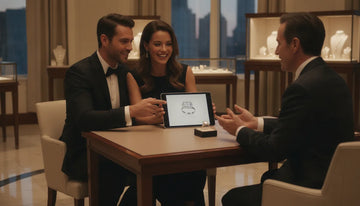Couple reviewing a 3D custom ring design with a jeweler