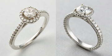 Before and after adding a halo to an engagement ring for enhanced sparkle and a larger appearance.
