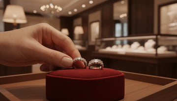 A jeweler's hands presenting diamond anniversary bands on velvet