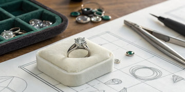 Bespoke engagement ring on a design sketch surrounded by gemstones and jeweler's tools.