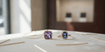 Colorful gemstone pendant and ring arranged on a neutral jewelry display