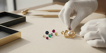 Colorful gemstones arranged beside a gold pendant on a jeweler’s work surface