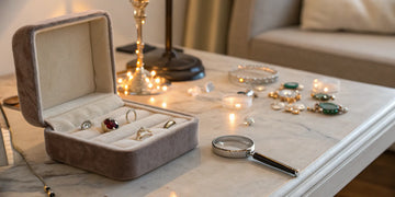 A setup to create your own engagement ring with diamonds, settings, and a magnifying glass.