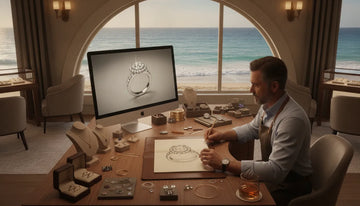 Custom engagement ring design process at Kravit Jewelers in Oceanside showing CAD modeling and handcrafting