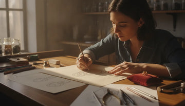 Jewelry designer sketching a bespoke ring at a craftsman's bench in an atelier workroom