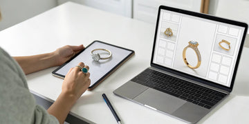 Design your own ring online free using a 3D custom ring builder on a laptop.