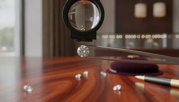 A loose round brilliant cut diamond held in metal tweezers under a magnifying loupe in a luxury jewelry store environment