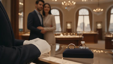 Polished gold eternity band and diamond engagement ring in a luxury jewelry showroom