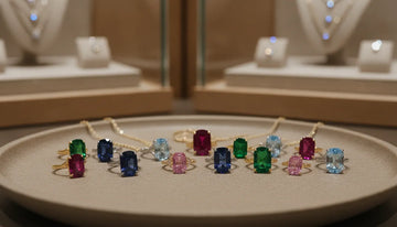 Colorful gemstone jewelry arranged in a luxury showroom