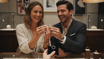 A modern gender neutral engagement ring with clean minimalist design, shown in an elegant jewelry showroom setting