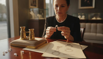 Jeweler examining a diamond engagement ring during an upgrade consultation