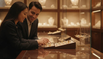 A Kravit Jewelers jeweler appraising a customer's gold in the Oceanside showroom