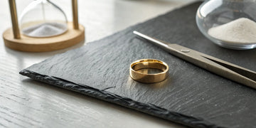 A gold ring on a jeweler's workbench being prepared for the resizing process.