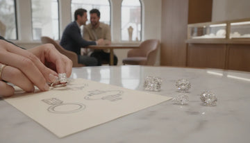 Jeweler presenting a custom engagement ring beside design sketches and loose diamonds