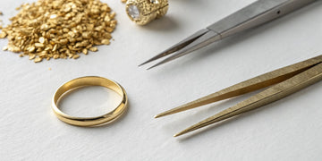 Gold ring and tools on a workbench, part of the cost to make a ring bigger.