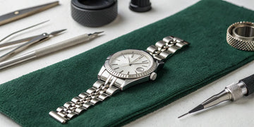 A Rolex watch prepared for a routine service with a watchmaker's precision tools.
