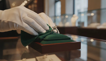 Jeweler cleaning a diamond ring with a soft cloth on a velvet surface