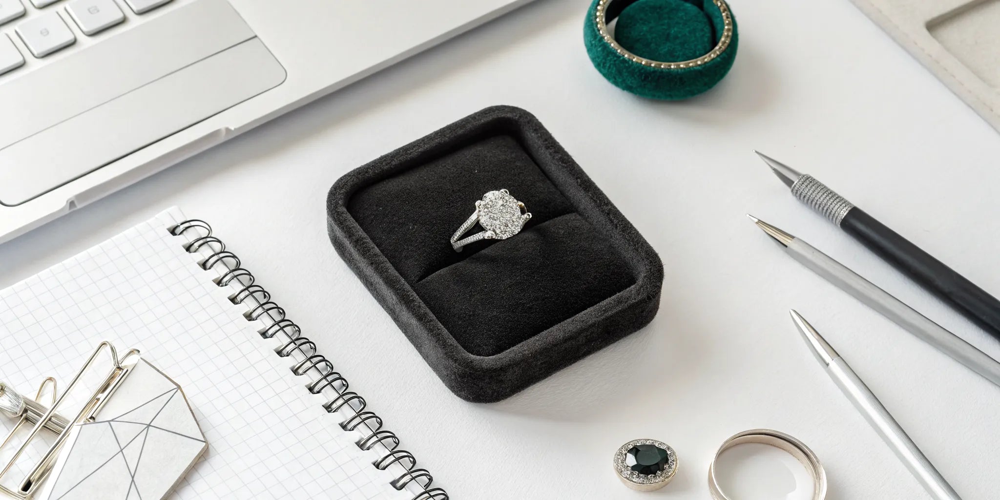 Custom engagement ring design in a box on a desk with a laptop and ...