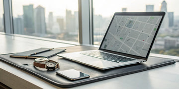 A laptop showing a map to search for an authorized Rolex dealer online, with watches on the desk.