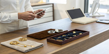 A reputable local gold buyer evaluating gold jewelry at their shop.