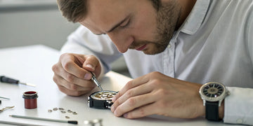 Expert watchmaker at a workbench performing an automatic watch repair.