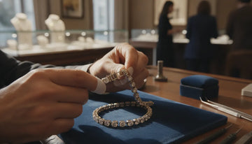 Jeweler examining the clasp and safety latch of a diamond tennis bracelet