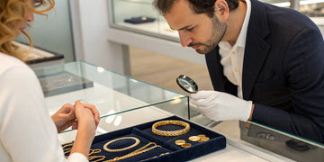 Jeweler determining the value of gold jewelry to sell for a fair price in Oceanside, NY.