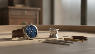 Automatic watch and watchmaking tools on a luxury watchmaker's bench