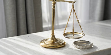 A balance scale weighs a wedding ring, questioning if it is bad luck to upgrade.