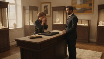 A local jeweler examining a gold necklace during a valuation consultation at the Oceanside showroom