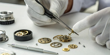 Close-up of a watchmaker's hands fixing watch gears for a jewelry and watch repair near me.