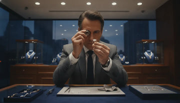 Jeweler examining a diamond ring with a loupe in an elegant showroom