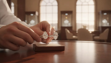 Two diamond engagement rings side by side on a wooden display at a luxury jewelry showroom