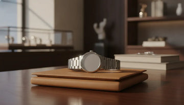 Unbranded luxury watch resting on a leather tray in an elegant jeweler showroom