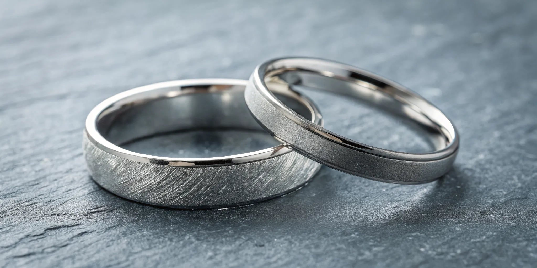 Platinum rings with different finishes showing the patina from daily wear.