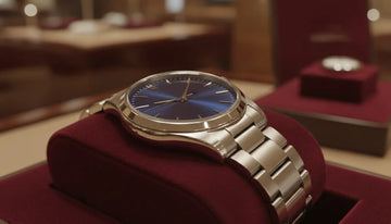 Elegant pre-owned luxury wristwatch on dark velvet in a jeweler's showcase