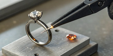 Jeweler retipping the prongs on a ring to secure a loose gemstone.
